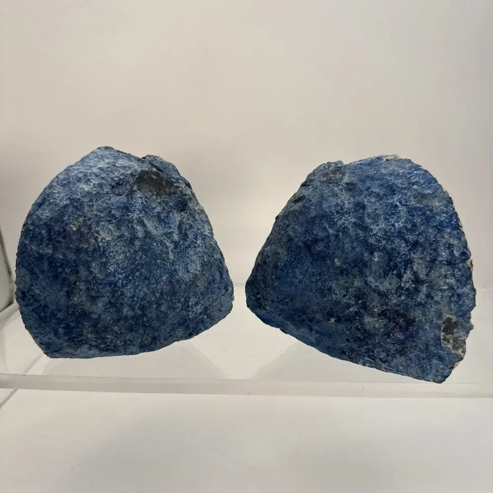 1 Pair 5.25” Polished Blue Brazilian Agate Geodes Bookends W/Beautiful Crystals